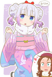 Rule 34 | 2girls, aqua eyes, blue eyes, bow, bow hairband, brown hair, commentary request, constricted pupils, dated, double bun, dragon print, fur-trimmed kimono, fur trim, gradient hair, hair bow, hair bun, hairband, hands up, highres, japanese clothes, kanna kamui, kimono, kobayashi-san chi no maidragon, long sleeves, multicolored hair, multiple girls, notice lines, obi, open mouth, pink kimono, print kimono, purple hair, red bow, red hairband, red headwear, saikawa riko, samansa ex, sandals, sash, slit pupils, solo focus, translation request, zouri