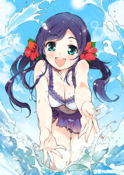 Rule 34 | 10s, 1girl, :d, aqua eyes, bent over, bikini, breasts, cleavage, flower, frilled bikini, frills, hair flower, hair ornament, hibiscus, highres, looking at viewer, love live!, love live! school idol festival, love live! school idol project, medium breasts, naitou ryuu, navel, open mouth, purple hair, smile, solo, sparkle, swimsuit, tojo nozomi, twintails, twitter username