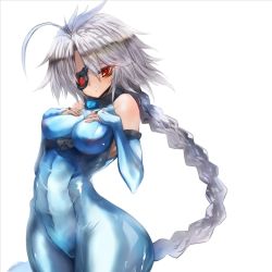 Rule 34 | 1girl, ahoge, bare shoulders, blazblue, bodysuit, breasts, eyepatch, gond, grey hair, hands on own chest, large breasts, long hair, looking at viewer, nu-13, red eyes, simple background, skin tight, solo, very long hair, white background, wide hips
