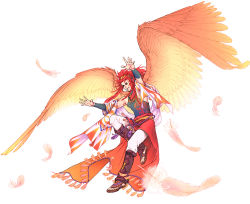 Rule 34 | 1boy, braid, falling feathers, feathered wings, feathers, flying, harukanaru toki no naka de, harukanaru toki no naka de 4, headband, kiske, long hair, male focus, multiple braids, outstretched arms, red feathers, red hair, sazaki, shawl, solo, wings