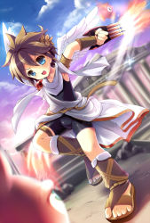Rule 34 | 1boy, angel, bike shorts, blue eyes, blush, brown hair, bulge, claws, artistic error, fire, highres, kid icarus, male focus, nintendo, pit (kid icarus), sandals, short hair, smile, solo, suama, tunic, weapon, wings