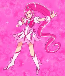 Rule 34 | boots, bow, brooch, colorful, cure blossom, floral background, flower, full body, gem, hair flower, hair ornament, hanasaki tsubomi, heart, heart brooch, heartcatch precure!, high heels, highres, jewelry, kstnt, long hair, magical girl, pink background, pink eyes, pink hair, pink skirt, ponytail, precure, screentones, skirt, sparkle, wristband