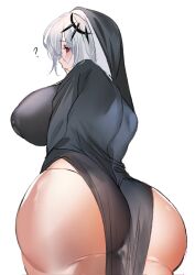 Rule 34 | 1girl, ass, back, black dress, breasts, cowboy shot, curvy, dress, female focus, from below, gluteal fold, habit, highres, huge ass, huge breasts, kurokuroooi, loincloth, looking at viewer, looking back, mole, mole under mouth, nun, red eyes, shiny skin, sideboob, simple background, solo, standing, thick thighs, thighs, white background, white hair, wide hips