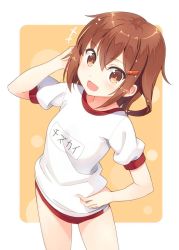 Rule 34 | 10s, 1girl, brown eyes, brown hair, fang, hair ornament, hairclip, hand on own hip, hyuuga azuri, ikazuchi (kancolle), kantai collection, looking at viewer, name tag, open mouth, short hair, solo, sportswear
