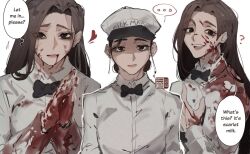 Rule 34 | ..., 1girl, ?, black bow, black bowtie, blood, blood from mouth, blood on clothes, blood on face, blood on hands, bow, bowtie, breasts, closed mouth, collared shirt, commentary, english commentary, english text, flying-frappuccino, francis mosses, genderswap, genderswap (mtf), heart, long hair, long sleeves, looking at viewer, medium breasts, milkman, shirt, simple background, smile, solo, spoken ellipsis, teeth, that&#039;s not my neighbor, upper teeth only, white background, white shirt