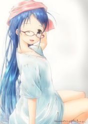 Rule 34 | 1girl, arm up, artist name, bare legs, blue eyes, blue hair, breasts, collarbone, commentary request, glasses, hand in own hair, kantai collection, long hair, looking at viewer, looking to the side, mae (maesanpicture), one eye closed, open mouth, samidare (kancolle), shirt, short sleeves, simple background, sitting, small breasts, solo, swept bangs, towel, towel on head, very long hair, white background, white shirt