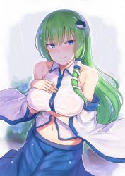 Rule 34 | 1girl, bare shoulders, blue eyes, blue skirt, blush, breast hold, breasts, cai geng, closed mouth, collared shirt, detached sleeves, green hair, hair ornament, hair tubes, hand on own chest, highres, kochiya sanae, large breasts, long hair, looking at viewer, looking away, midriff, rain, see-through, shirt, skirt, snake hair ornament, solo, standing, touhou, wet, wet clothes, white shirt, wing collar