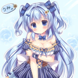 Rule 34 | 1girl, back bow, blue background, blue bow, blue bowtie, blue dress, blue eyes, blue hair, blue ribbon, blush, bow, bowtie, breast hold, breasts, bubble background, character name, cleavage, commentary request, corset, detached collar, detached sleeves, dress, flower, frills, hair bow, hair flower, hair intakes, hair ornament, hairclip, hand on own arm, heart, heart hair ornament, highres, kouta., looking at viewer, medium breasts, original, outline, ribbon, short sleeves, sleeve ribbon, solo, striped bow, striped clothes, striped dress, sunflower, sunflower hair ornament, two side up, vertical-striped clothes, vertical-striped dress, white bow, white outline, wrist cuffs