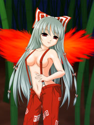 Rule 34 | 1girl, bamboo, bamboo forest, bow, breasts, covered erect nipples, female focus, fiery wings, forest, fujiwara no mokou, grey hair, hair bow, long hair, naked suspenders, nature, no panties, open fly, pants, red eyes, revealing clothes, solo, suspenders, topless, touhou, unzipped, wings, yukki (canvas)