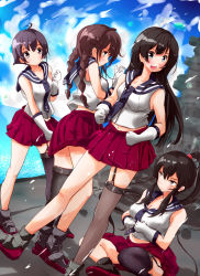 Rule 34 | 10s, 4girls, :d, agano (kancolle), anchor symbol, antenna hair, aqua eyes, armor, bare shoulders, battleship, black hair, black legwear, blush, braid, breasts, cleavage, clenched hands, cloud, day, dutch angle, elbow gloves, full body, garter straps, gloves, greaves, grey hair, grey legwear, hair between eyes, high ponytail, highres, kantai collection, large breasts, light smile, long hair, looking at another, looking up, midriff, military, military vehicle, miniskirt, multiple girls, navel, necktie, noshiro (kancolle), ocean, ootsuka kecchi, open mouth, orange eyes, outdoors, pleated skirt, ponytail, profile, purple eyes, sakawa (kancolle), school uniform, scrunchie, serafuku, ship, short hair, sidelocks, single thighhigh, sitting, skirt, sky, sleeveless, small breasts, smile, standing, thighhighs, twin braids, very long hair, warship, water, watercraft, white gloves, yahagi (kancolle)