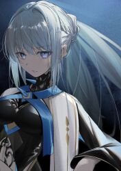 Rule 34 | 1girl, absurdres, black dress, blue eyes, blue lips, braid, breasts, capelet, center opening, clothing cutout, crown, dress, fate/grand order, fate (series), french braid, gloves, grey hair, highres, holding, holding staff, large breasts, lipstick, long hair, long sleeves, looking at viewer, makeup, morgan le fay (fate), morgan le fay (queen of winter) (fate), multicolored capelet, ornament, oyaji hime, ponytail, sidelocks, solo, staff, stomach cutout, striped belt, two-tone dress, very long hair, white hair, wide sleeves