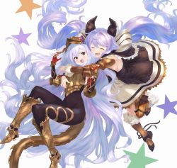 Rule 34 | 2girls, :d, ^ ^, armored boots, black bodysuit, black legwear, blush, bodysuit, boots, brown footwear, brown legwear, closed eyes, commentary request, dress, fur-trimmed boots, fur trim, gloves, gold trim, granblue fantasy, hair between eyes, highres, horns, knee boots, long hair, medusa (shingeki no bahamut), multiple girls, open mouth, purple hair, red eyes, red gloves, satyr (granblue fantasy), shingeki no bahamut, simple background, single knee boot, single thigh boot, sleeveless, sleeveless dress, smile, star (symbol), starry background, thigh boots, thighhighs, twintails, v-shaped eyebrows, very long hair, wasabi60, white background, white dress