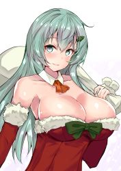 Rule 34 | 10s, 1girl, alternate costume, breasts, christmas ornaments, christmas tree hair ornament, cleavage, collarbone, detached collar, dress, elbow gloves, gloves, green eyes, green hair, hair ornament, hairclip, highres, huge breasts, kantai collection, long hair, looking at viewer, red dress, red gloves, sack, sankakusui, santa costume, simple background, smile, solo, suzuya (kancolle), white background