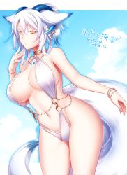 1girl, animal ears, bangs, breasts, choker, crossed bangs, dated, dutch angle, fox ears, fox tail, horns, konshin, large breasts, looking at viewer, navel, o-ring, original, short hair, short ponytail, signature, slingshot swimsuit, solo, swimsuit, tail, white hair, white swimsuit, yellow eyes