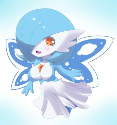 Rule 34 | 1girl, alternate color, blue hair, breasts, butterfly wings, cleavage, creatures (company), fairy, game freak, gardevoir, gen 3 pokemon, insect wings, jcdr, lucy (jcdr), nintendo, no humans, orange eyes, pokemon, pokemon (creature), shiny pokemon, short hair, solo, wings