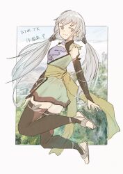 Rule 34 | 1girl, ass, black thighhighs, breasts, closed mouth, detached sleeves, earrings, from behind, full body, gensou suikoden, gensou suikoden tierkreis, grey eyes, grey hair, highres, jewelry, korunosabu, long hair, looking at viewer, looking back, low twintails, marica (suikoden tierkreis), medium breasts, robe, sash, smile, solo, thighhighs, twintails, very long hair, white hair