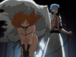 Rule 34 | 1boy, 1girl, abs, arrancar, bdsm, bent over, bleach, blue eyes, blue hair, bondage, bound, bound wrists, breast bondage, breasts, chain, gag, grey eyes, grimmjow jaegerjaquez, inoue orihime, katana, large breasts, long hair, nipples, nude, nude filter, number tattoo, orange hair, scar, screencap, sex slave, sheath, sheathed, skull, sword, tattoo, tears, third-party edit, torn clothes, uncensored, weapon