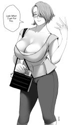 Rule 34 | 1girl, absurdres, animal crossing, bag, breasts, cleavage, collarbone, english text, glasses, greyscale, hair over one eye, hand up, handbag, highres, holding, jnsdh, large breasts, looking at viewer, mature female, monochrome, nintendo, open mouth, original, pants, shirt, short hair, smile, solo, speech bubble, standing