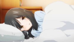 Rule 34 | 1girl, bed, bed sheet, bedroom, black hair, blanket, blue pajamas, dot nose, fate/kaleid liner prisma illya, fate (series), female focus, game cg, hair between eyes, head on pillow, indoors, long hair, looking at viewer, lying, miyu edelfelt, official art, on side, open mouth, pajamas, solo, third-party source, under covers, yellow eyes