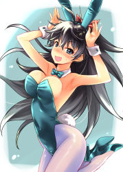 Rule 34 | 1girl, :d, ;d, animal ears, antenna hair, armpits, arms up, bare shoulders, black hair, blue background, blue bow, blue eyes, blue footwear, blue hairband, blue leotard, blush, bouncing breasts, bow, bowtie, breasts, detached collar, fake animal ears, fake tail, fuyube rion, ganaha hibiki, hairband, high heels, highres, idolmaster, idolmaster (classic), jumping, leotard, long hair, looking at viewer, medium breasts, one eye closed, open mouth, pantyhose, playboy bunny, ponytail, rabbit ears, rabbit tail, shiny skin, simple background, smile, solo, strapless, strapless leotard, tail, very long hair, white pantyhose, wrist cuffs