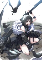Rule 34 | 1girl, ahoge, animal, arknights, arm up, bird, black feathers, black footwear, black gloves, black hair, black jacket, commentary request, feathers, fingerless gloves, fur-trimmed jacket, fur-trimmed sleeves, fur trim, gloves, grey eyes, hair ornament, hairband, hairclip, highres, holding, jacket, la pluma (arknights), long sleeves, looking at viewer, mizunashi (second run), off shoulder, on one knee, open clothes, open jacket, parted lips, sandals, sleeves past fingers, sleeves past wrists, solo, white hairband