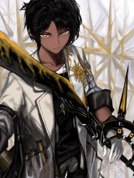 Rule 34 | 1boy, arknights, black hair, black pants, black shirt, closed mouth, dark-skinned male, dark skin, earclip, gloves, highres, holding, holding weapon, jacket, jewelry, looking at viewer, male focus, necklace, orrdriver, pants, shirt, simple background, solo, thorns (arknights), upper body, vial, weapon, white gloves, yellow eyes
