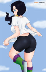 Rule 34 | 1girl, ass, bike shorts, black hair, blue eyes, blush, boots, breasts, clothes pull, dragon ball, dragonball z, from behind, gummslime, hair tubes, highres, long hair, looking at viewer, low twintails, pantylines, shiny clothes, shiny skin, shirt, shirt pull, sideboob, smile, solo, twintails, videl