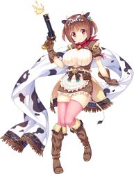 Rule 34 | 1girl, absurdres, animal ears, animal print, apron, blush, boots, brown hair, cow ears, cow horns, cow print, framed breasts, fringe trim, full body, gloves, gun, hairband, highres, holding, holding gun, holding weapon, horns, kazuma (kazumav), looking at viewer, mole, mole under eye, official art, pink thighhighs, red eyes, ryoko (x-overd), short hair, simple background, smile, solo, thighhighs, two side up, weapon, white background, x-overd
