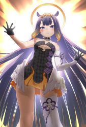 Rule 34 | 1girl, absurdres, animal ears, bare shoulders, black gloves, breasts, elbow gloves, gloves, halo, highres, hololive, hololive english, huge filesize, kirisaki shuusei, long hair, looking at viewer, ninomae ina&#039;nis, ninomae ina&#039;nis (1st costume), purple eyes, purple hair, single thighhigh, small breasts, smile, solo, thighhighs, very long hair, virtual youtuber, white thighhighs