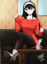 Rule 34 | 1girl, black hair, boots, breasts, couch, danmakuman, dress, earrings, gold earrings, hairband, high heel boots, high heels, highres, indoors, jewelry, large breasts, living room, medium breasts, pantyhose, red dress, red eyes, red sweater, sitting, smile, solo, spy x family, sweater, white footwear, white hairband, yor briar