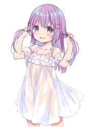 Rule 34 | 1girl, arms up, bad id, bad pixiv id, bare shoulders, blush, bunching hair, collarbone, cowboy shot, dress, grin, hair between eyes, hair ornament, kona (canaria), long hair, looking at viewer, original, purple eyes, purple hair, simple background, sleeveless, sleeveless dress, smile, solo, two side up, white background, white dress