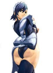 Rule 34 | 1girl, artist request, ass, black hair, breasts, breasts out, cleavage, highleg, highleg leotard, iroha (samurai spirits), large breasts, leotard, leotard under clothes, lips, maid, maid headdress, nipples, samurai spirits, snk, solo, strapless, strapless leotard, thighhighs, white background, wide hips