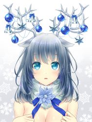 Rule 34 | 1girl, aimori meguru, animal ears, antlers, aqua eyes, bare shoulders, bauble, bell, blue bow, blue flower, blue ribbon, blush, bow, breasts, chain, christmas, christmas ornaments, cleavage, commentary, deer ears, eyebrows, flower, grey hair, highres, horns, long hair, looking up, original, parted lips, reindeer antlers, revision, ribbon, snowflake background, solo, star (symbol), tareme