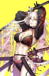 Rule 34 | 1girl, ahoge, arm over head, bikini, black bikini, black choker, black gloves, black jacket, breasts, choker, cleavage, collarbone, commentary request, cowboy shot, cropped jacket, double exposure, fate/grand order, fate (series), floral print, gloves, hair between eyes, highres, holding, holding sword, holding weapon, jacket, jeanne d&#039;arc alter (swimsuit berserker) (fate), jeanne d&#039;arc (fate), jeanne d&#039;arc alter (fate), jeanne d&#039;arc alter (swimsuit berserker) (fate), katana, large breasts, long hair, looking at viewer, midriff, multiple swords, navel, o-ring, o-ring bikini, o-ring bottom, o-ring top, open mouth, sheath, sheathed, shrug (clothing), simple background, solo, standing, stomach, swimsuit, sword, thighs, tsurukame, very long hair, weapon, white hair, yellow background, yellow eyes