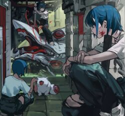 Rule 34 | 3girls, absurdres, alley, arm on knee, baggy pants, blood, blood on face, blood spray, blue hair, brick wall, clone, closed mouth, creature, denim, dog tags, dot mouth, eyeball, feeding, food, grey eyes, highres, holding, holding food, holding own arm, holding sword, holding weapon, jeans, knee up, looking at viewer, looking to the side, monster, multiple girls, naji yanagida, original, pants, shirt, shirt tucked in, short hair, short sleeves, sidelighting, sideways glance, sitting, squatting, stab, standing, sunlight, sword, tile floor, tiles, torn clothes, torn jeans, torn pants, weapon, white shirt