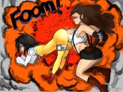 Rule 34 | 2girls, ass, breasts, cleavage, colorized, crossover, d1975, elbow gloves, elbow pads, explosion, fighting, final fantasy, final fantasy ix, final fantasy vii, fingerless gloves, garnet til alexandros xvii, gloves, greyscale, highres, hip attack, large breasts, long hair, low-tied long hair, miniskirt, monochrome, multiple girls, pencil skirt, shirt, short hair, skirt, square enix, suspender skirt, suspenders, tank top, taut clothes, taut shirt, text focus, tifa lockhart