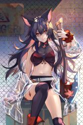 Rule 34 | 1girl, alternate costume, animal ears, axe, belt, black hair, chain-link fence, crop top, ear piercing, erune, feet out of frame, fence, granblue fantasy, highres, holding, holding axe, jacket, long hair, midriff, navel, nier (granblue fantasy), open clothes, open jacket, oyakorodesu, piercing, red eyes, scrunchie, see-through, see-through jacket, short shorts, shorts, single thighhigh, sitting, solo, stomach, thighhighs, white belt, wrist scrunchie