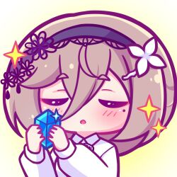 1girl aponia_(honkai_impact) aya_chan1221 black_headdress brown_hair chibi chibi_only closed_eyes flower hair_between_eyes hair_flower hair_ornament holding_crystal honkai_(series) honkai_impact_3rd mole mole_under_eye open_mouth short_hair solo star_(symbol) yellow_background