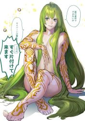Rule 34 | 1boy, androgynous, arm rest, arm support, enkidu (fate), fate/strange fake, fate (series), green hair, long hair, male focus, navel, nigorokke, nude, simple background, smile, solo, tattoo, white background