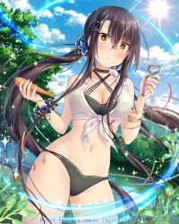 Rule 34 | 1girl, black hair, blush, breasts, cleavage, day, falkyrie no monshou, hair ornament, hairclip, large breasts, light rays, long hair, looking at viewer, natsumekinoko, navel, outdoors, parted lips, solo, sparkle, sun, sunbeam, sunlight, twintails, very long hair, x hair ornament