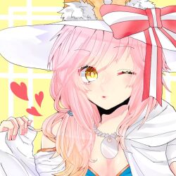 Rule 34 | 1girl, blush, hat, heart, jewelry, long hair, looking at viewer, necklace, one eye closed, pink hair, remo (lemo310281), tamamo no mae (fate/extra), wink, yellow background, yellow eyes