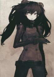 Rule 34 | 1girl, arms at sides, black bodysuit, black hair, black theme, bodysuit, breasts, cowboy shot, duplicate, expressionless, eyebrows hidden by hair, hand up, huke, long hair, looking at viewer, monochrome, neon genesis evangelion, painted wall, plugsuit, small breasts, solo, souryuu asuka langley