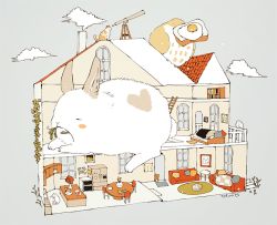 Rule 34 | bad id, bad pixiv id, balcony, bed, bird, blush, bookshelf, bread slice, carpet, cat, chair, chimney, closed eyes, cloud, commentary, couch, drawing (object), egg (food), food, heart, house, ladder, original, pillow, plant, rabbit, rooftop, simple background, smoke, sunny side up egg, table, telescope, toast, tofuvi, vase, vines, window