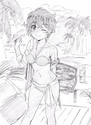 Rule 34 | 1girl, ;), beach, beach chair, bikini, breasts, closed mouth, cloud, cloudy sky, commentary, cup, dark-skinned female, dark skin, drinking glass, drinking straw, girls und panzer, greyscale, highres, holding, long sleeves, looking at viewer, makicha (sasurainopink), medium breasts, monochrome, navel, off shoulder, one eye closed, open clothes, open shirt, outdoors, palm tree, plaid, plaid bikini, shirt, short hair, sketch, sky, smile, solo, standing, suzuki (girls und panzer), swimsuit, table, tree, wet