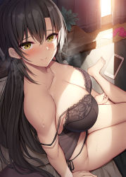 Rule 34 | 1girl, babydoll, black babydoll, black hair, black panties, blush, breasts, cellphone, closed mouth, collarbone, crossed bangs, curtains, from above, green eyes, hair between eyes, heavy breathing, hiratsuka shizuka, indoors, large breasts, light particles, lingerie, long hair, looking at viewer, panties, phone, pillow, side-tie panties, sitting, smartphone, solo, strap slip, sunlight, sweat, thighs, underwear, underwear only, xe (execut3r), yahari ore no seishun lovecome wa machigatteiru.