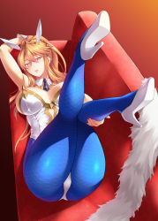 Rule 34 | 1girl, ahoge, animal ears, areola slip, arm up, armpits, artoria pendragon (all), artoria pendragon (fate), artoria pendragon (swimsuit ruler) (fate), ass, bare shoulders, blonde hair, blue neckwear, blue pantyhose, blush, braid, breasts, cleavage, couch, detached collar, fake animal ears, fate/grand order, fate (series), feather boa, fishnet pantyhose, fishnets, french braid, green eyes, hair between eyes, high heels, highleg, highleg leotard, highres, large breasts, legs, legs up, leotard, long hair, looking at viewer, lying, midori aoi, necktie, on back, pantyhose, parted lips, playboy bunny, ponytail, rabbit ears, sidelocks, tiara, white leotard, wrist cuffs
