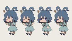 Rule 34 | 1girl, banned artist, belt, black belt, black footwear, blue dress, blue eyes, blue hair, blush, chibi, closed eyes, closed mouth, collar, collared vest, dress, full body, grey background, grey vest, hair between eyes, hair ornament, hand up, hands up, harano, kaku seiga, leaf, looking to the side, open clothes, open mouth, open vest, pointing, puffy short sleeves, puffy sleeves, shoes, short hair, short sleeves, simple background, smile, smug, socks, solo, standing, touhou, vest, wavy hair, white socks