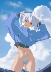 Rule 34 | 1girl, absurdres, ahoge, bikini, blue jacket, blue sky, closed mouth, cloud, commentary request, cropped jacket, grey hair, head tilt, highres, holding, holding own hair, jacket, long sleeves, looking at viewer, medium hair, navel, ocean, original, outdoors, side-tie bikini bottom, sky, smile, solo, standing, stomach, swimsuit, wading, water, white bikini, ynnk lc