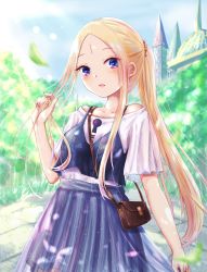 Rule 34 | 1girl, abigail williams (fate), alternate costume, bag, bare shoulders, black camisole, blonde hair, blue eyes, blue skirt, blue sky, blurry, blurry background, blush, breasts, building, camisole, collarbone, commentary request, day, depth of field, facial mark, fate/grand order, fate (series), forehead, forehead mark, hair ornament, hair scrunchie, hand up, highres, keyhole, kinom (sculpturesky), leaf, long hair, looking at viewer, nail polish, off-shoulder shirt, off shoulder, orange scrunchie, outdoors, parted bangs, parted lips, pink nails, pleated skirt, ponytail, scrunchie, shirt, short sleeves, shoulder bag, sidelocks, skirt, sky, small breasts, smile, solo, very long hair, white shirt
