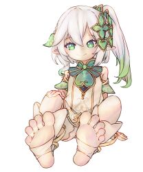 Rule 34 | 1girl, barefoot, bloomers, chaosexceed, closed mouth, commentary, commentary request, cross-shaped pupils, detached sleeves, dress, english commentary, feet, foot focus, genshin impact, gold trim, gradient hair, green eyes, green hair, green sleeves, hair ornament, hand on own knee, highres, knees up, leaf hair ornament, long hair, mixed-language commentary, multicolored hair, nahida (genshin impact), partial commentary, pointy ears, side ponytail, simple background, sitting, sleeveless, sleeveless dress, smile, soles, solo, stirrup legwear, symbol-shaped pupils, toeless legwear, toes, underwear, white background, white bloomers, white dress, white hair